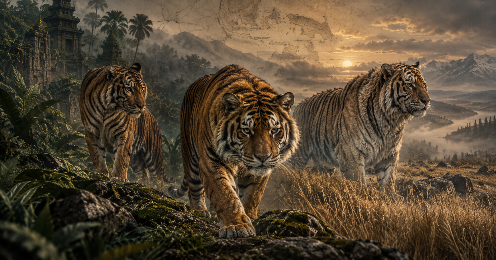 Three Tigers in a Misty Ancient Wilderness