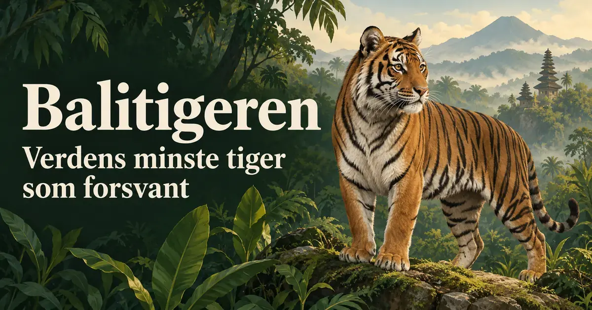 Illustrasjon av en balitiger i et frodig tropisk landskap med fjell og templer i bakgrunnen og teksten «Balitigeren – Verdens minste tiger som forsvant».