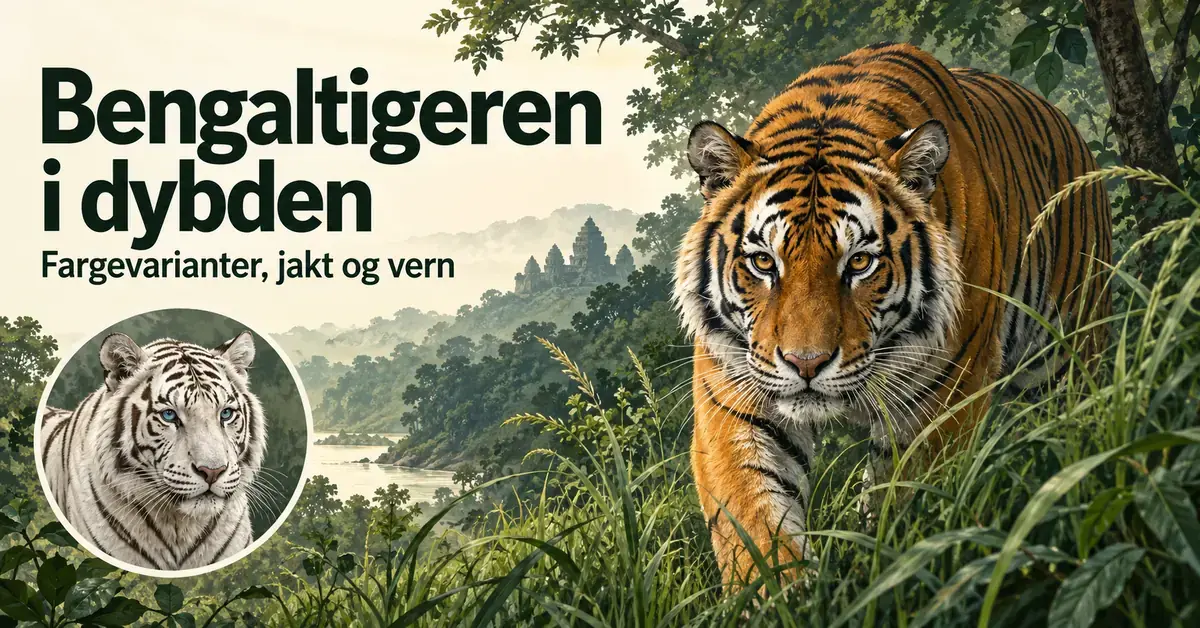 Illustrasjon av en oransje bengaltiger som smyger gjennom grønn skog, med et innfelt portrett av en hvit tiger og teksten «Bengaltigeren i dybden – Fargevarianter, jakt og vern».
