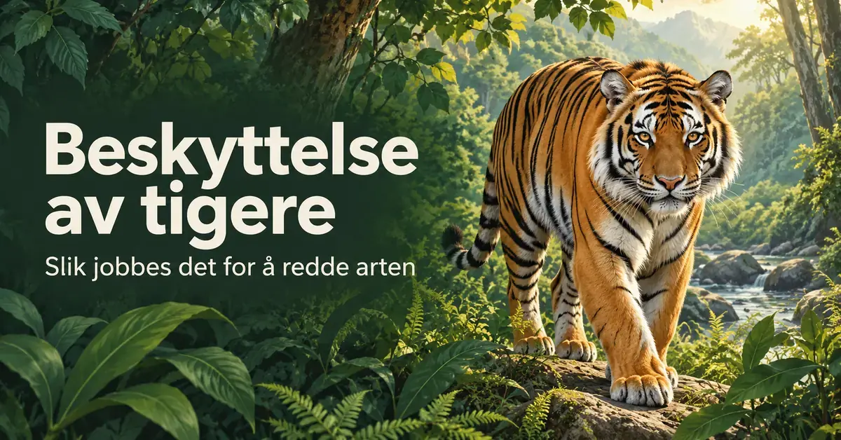 En tiger går gjennom frodig skog ved en elv, med teksten «Beskyttelse av tigere – Slik jobbes det for å redde arten».