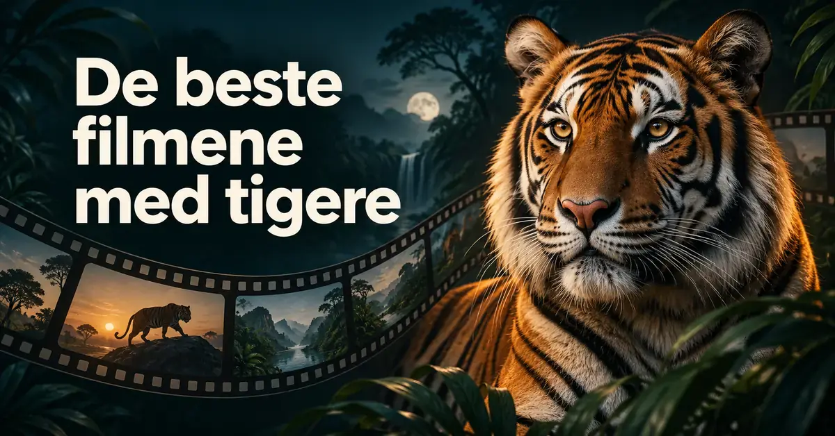 En tiger foran en mørk jungelbakgrunn og en buet filmstripe, med teksten «De beste filmene med tigere».