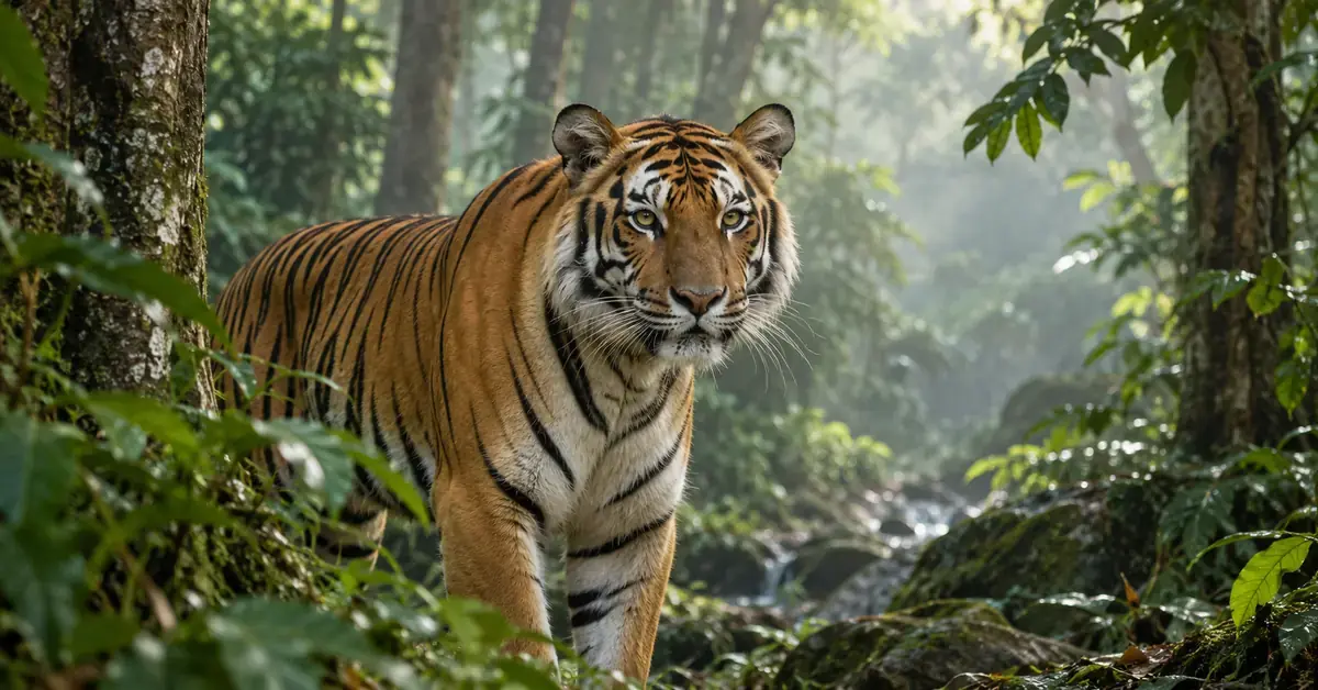 En indokinesisk tiger med oransje pels og svarte striper står blant grønne planter i en frodig skog i Sørøst-Asia.