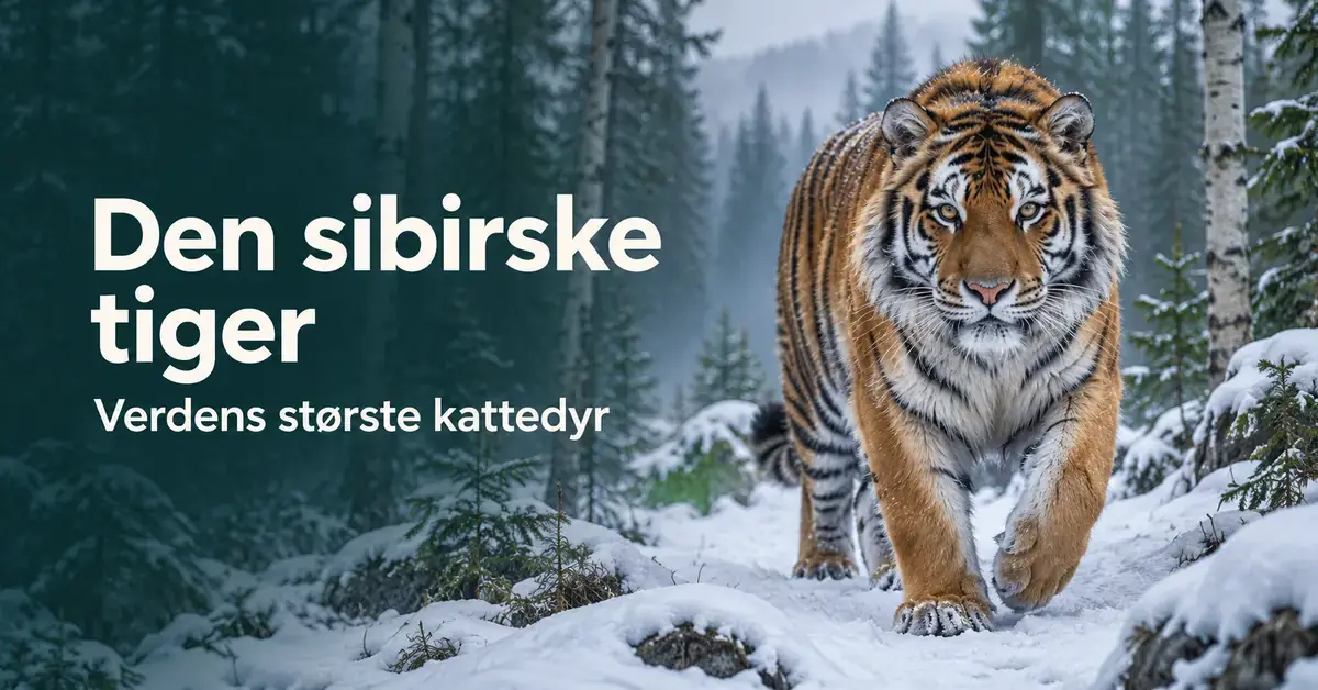 En sibirsk tiger går gjennom en snødekt skog ved siden av teksten «Den sibirske tiger – Verdens største kattedyr».