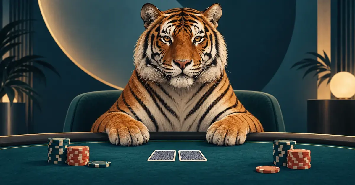 En rolig tiger sitter ved et mørkt spillebord med spillebrikker og to kort med baksiden opp.