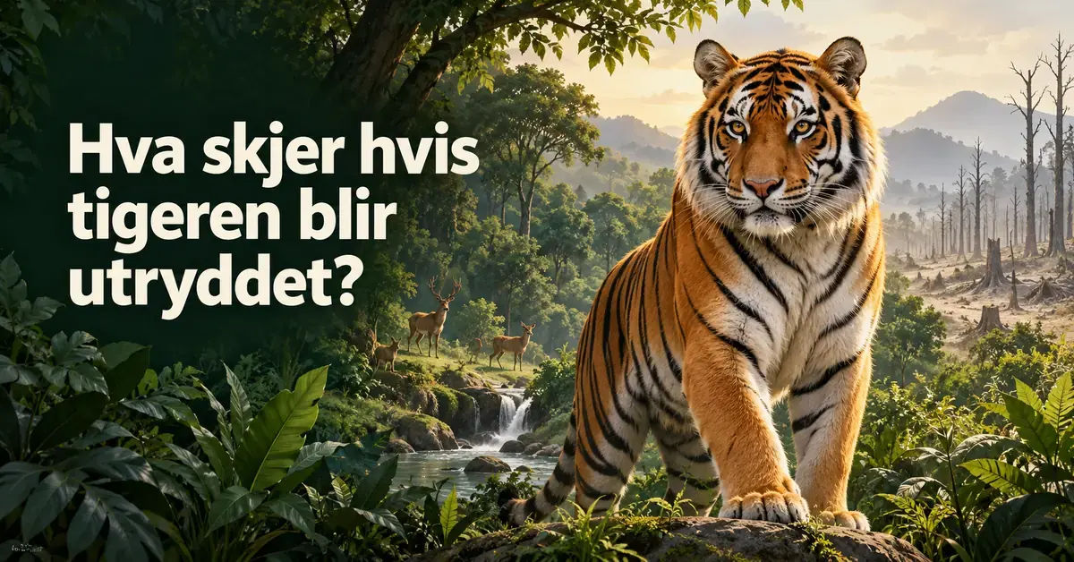 En tiger står foran en skog med hjortedyr og et glissent område med døde trær, ved siden av teksten «Hva skjer hvis tigeren blir utryddet?».
