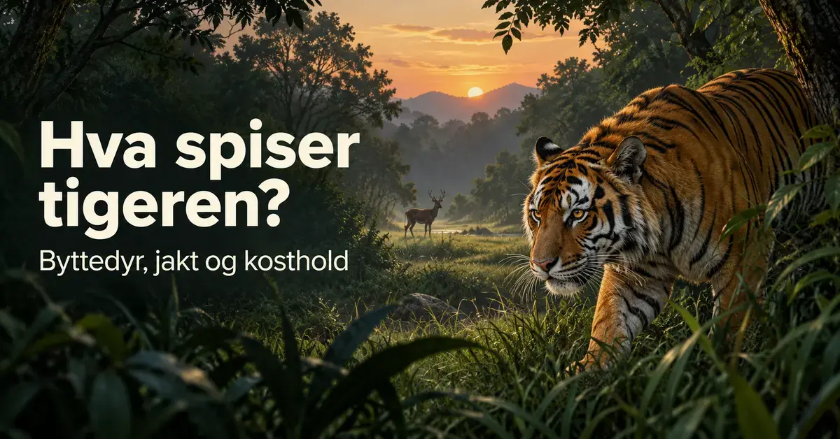 En tiger sniker seg gjennom gresset i en skog ved solnedgang, med en hjort i bakgrunnen og teksten «Hva spiser tigeren? Byttedyr, jakt og kosthold».