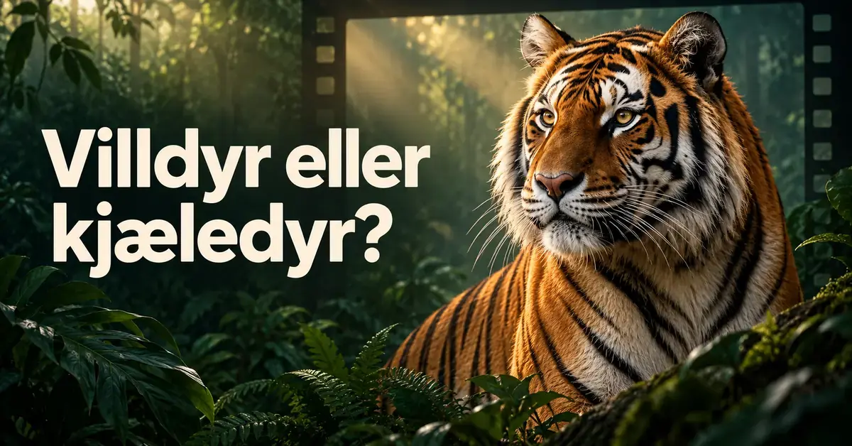 En tiger i frodig skog foran en stilisert filmramme, med teksten «Villdyr eller kjæledyr?».