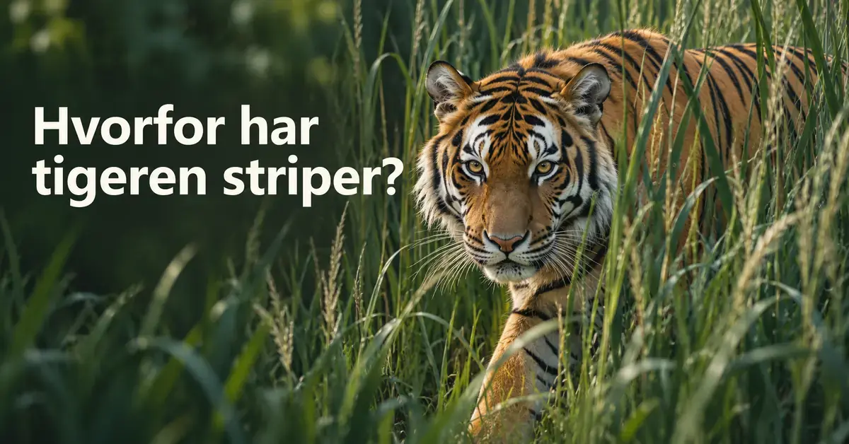 En tiger med svarte striper beveger seg gjennom høyt, grønt gress ved siden av teksten «Hvorfor har tigeren striper?».