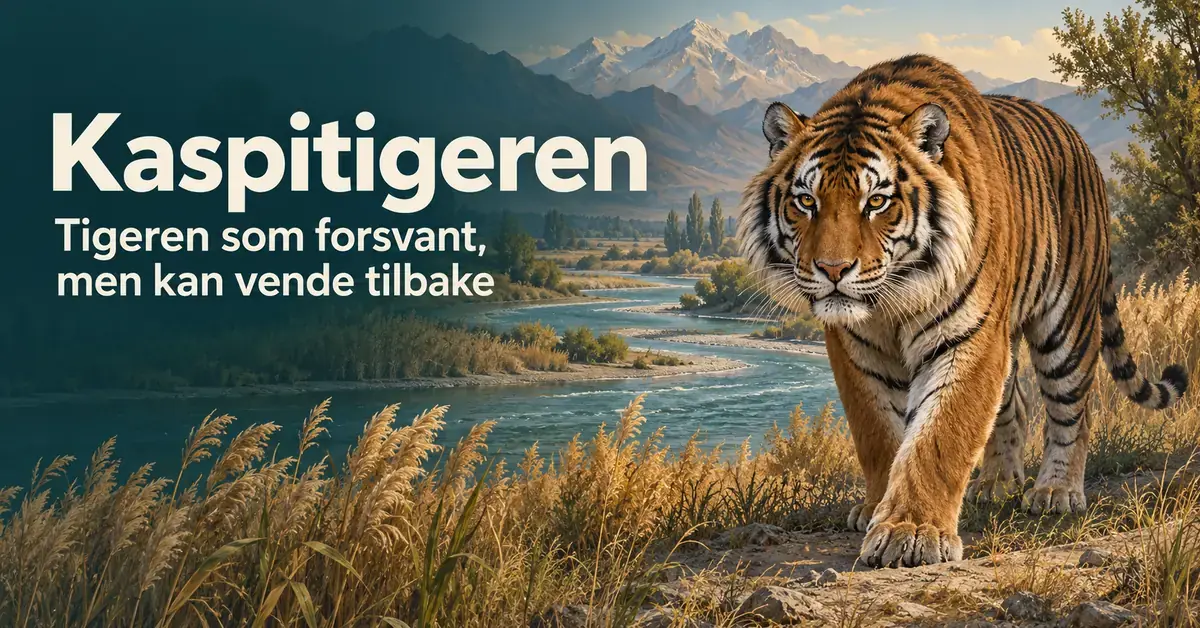 Illustrasjon av en kaspitiger ved en elv med gyllent siv og fjell i bakgrunnen, med teksten «Kaspitigeren – Tigeren som forsvant, men kan vende tilbake».