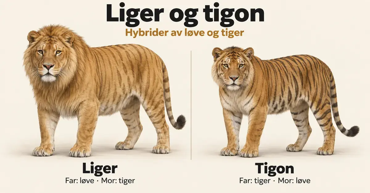 Illustrasjon av en liger og en tigon side om side, med tekst som viser at ligeren har løvefar og tigermor, mens tigonen har tigerfar og løvemor.