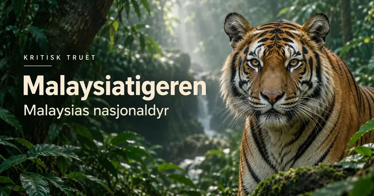 En malaysiatiger ser mot betrakteren i en frodig regnskog, ved siden av teksten «Malaysiatigeren», «Malaysias nasjonaldyr» og «Kritisk truet».