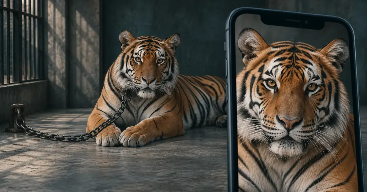Illustrasjon av en lenket tiger i en innhegning og en mobilskjerm som viser tigerens ansikt uten å avsløre lenken.