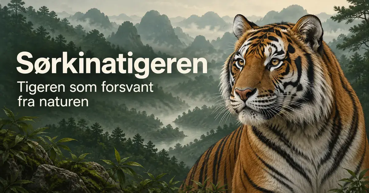 Illustrasjon av en sørkinatiger foran tåkekledde skogfjell, med teksten «Sørkinatigeren – Tigeren som forsvant fra naturen».