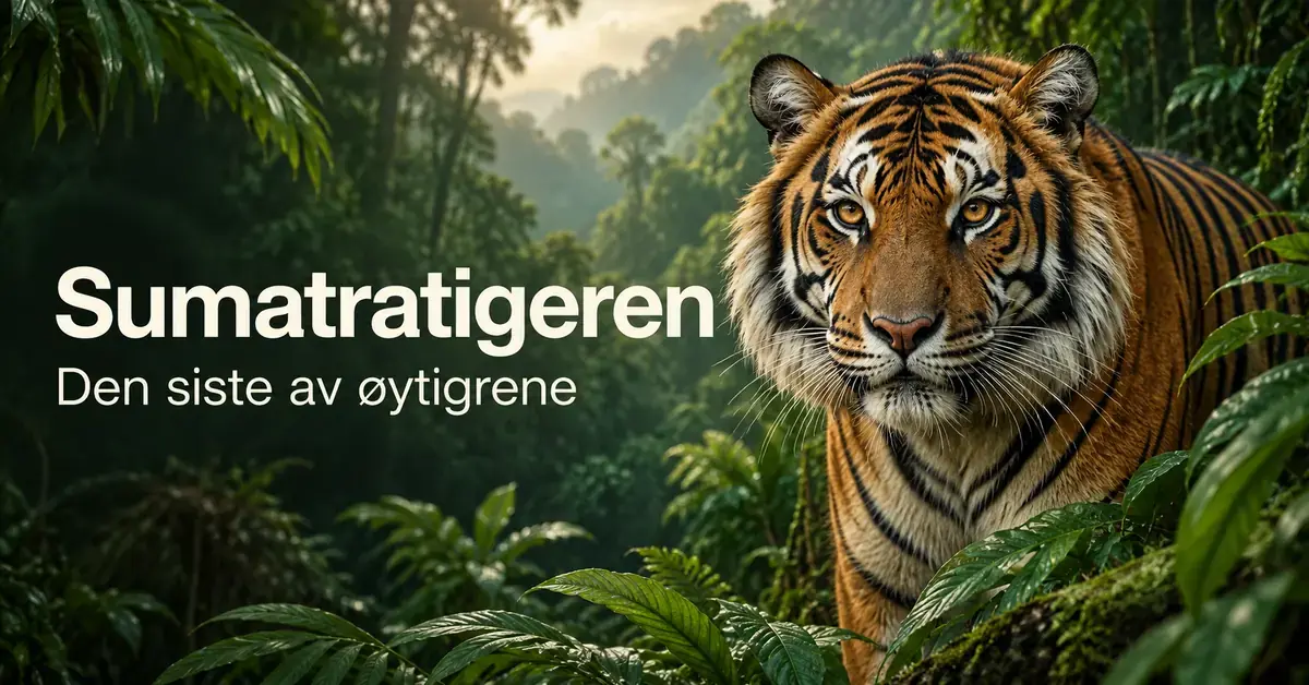 Illustrasjon av en sumatratiger i frodig regnskog med teksten «Sumatratigeren – Den siste av øytigrene».
