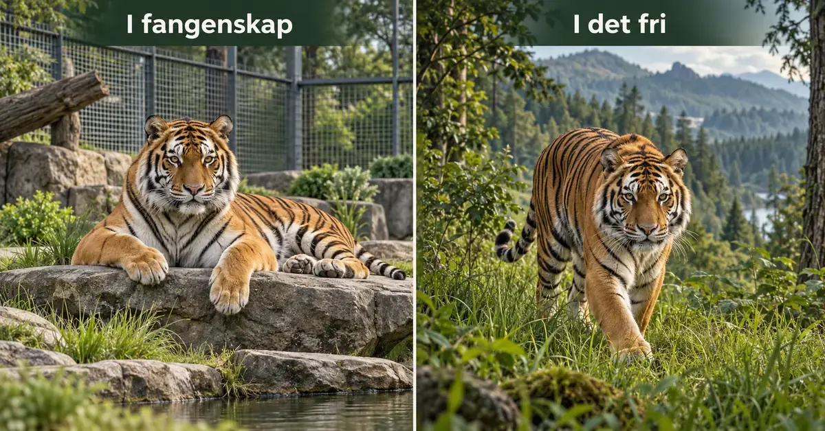 En tiger hviler i en inngjerdet dyrehage til venstre, mens en annen tiger vandrer fritt i et skoglandskap til høyre.