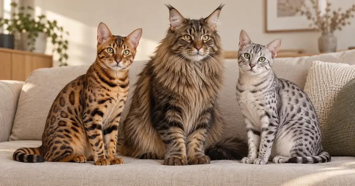 En bengalkatt, en Maine Coon og en egyptisk mau sitter sammen på en beige sofa i en lys stue.