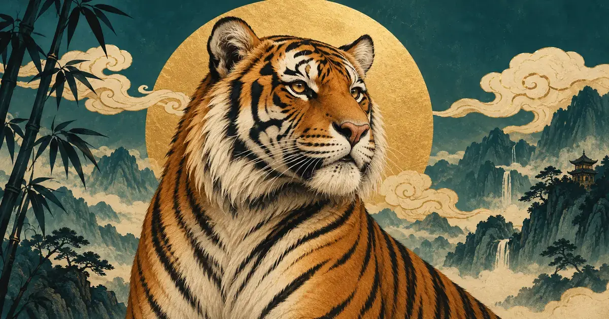 Illustrasjon av en tiger foran en gyllen sirkel, omgitt av stiliserte skyer, bambus og et asiatisk fjellandskap.