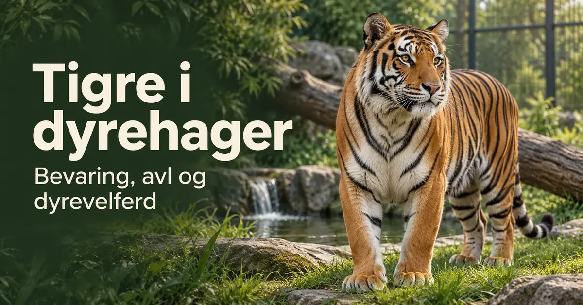 En tiger står i et naturpreget dyrehageanlegg med vegetasjon, steiner og vann, ved siden av teksten «Tigre i dyrehager – Bevaring, avl og dyrevelferd».
