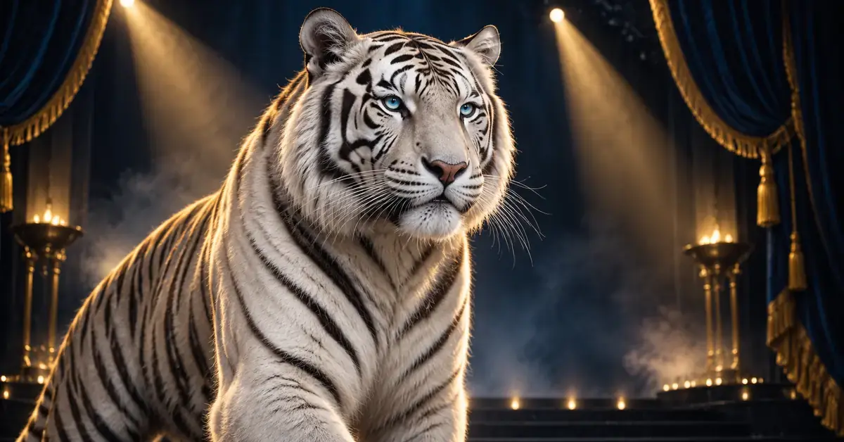 En hvit tiger med blå øyne står foran mørke scenetepper, opplyst av gylne lyskastere.