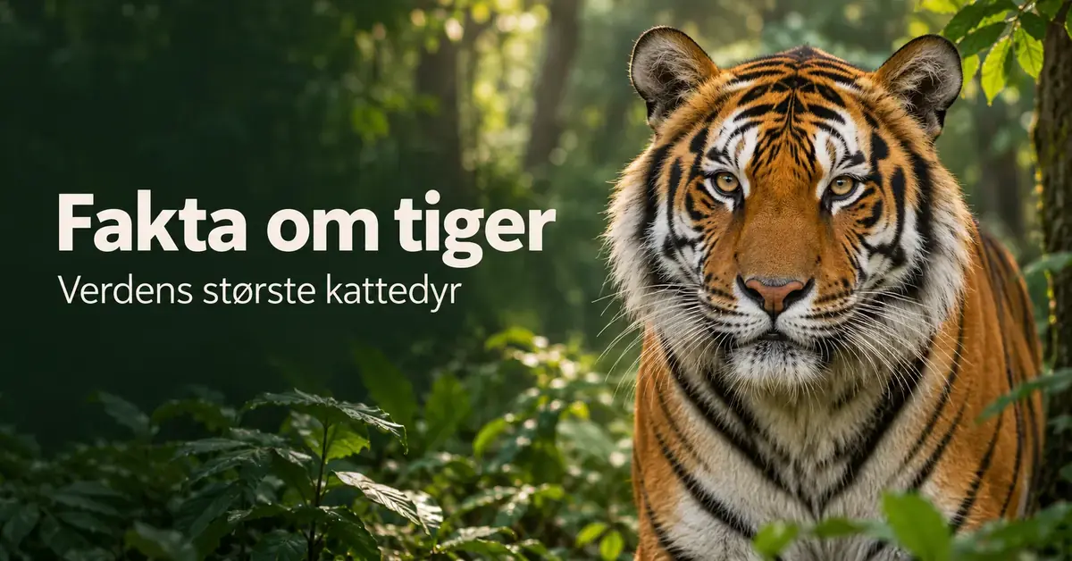 En tiger med oransje pels og svarte striper i en grønn skog, med teksten «Fakta om tiger – Verdens største kattedyr».