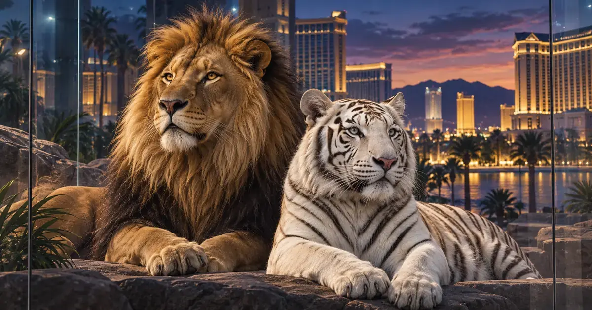 Illustrasjon av en løve og en hvit tiger bak glass, med opplyste kasinohoteller i Las Vegas i bakgrunnen.
