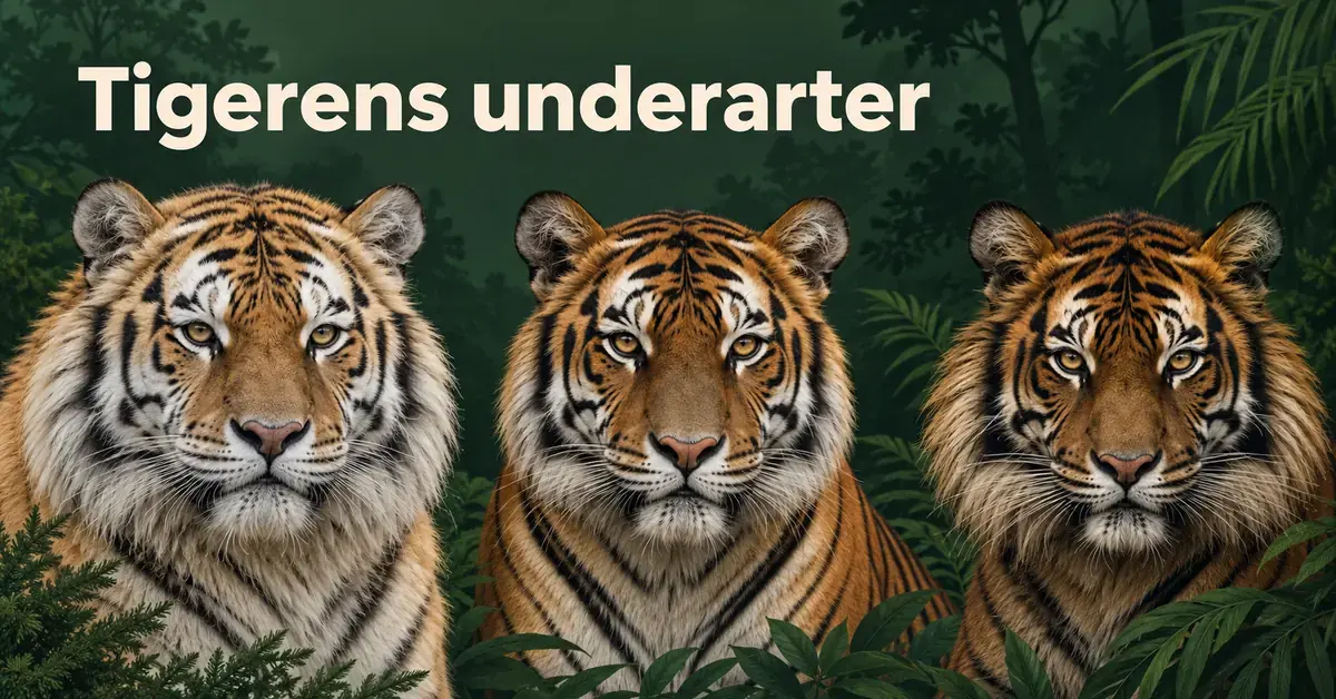 Illustrasjon av tre tigre med ulike pelsfarger og stripemønstre mot en mørkegrønn skogbakgrunn, med teksten «Tigerens underarter».