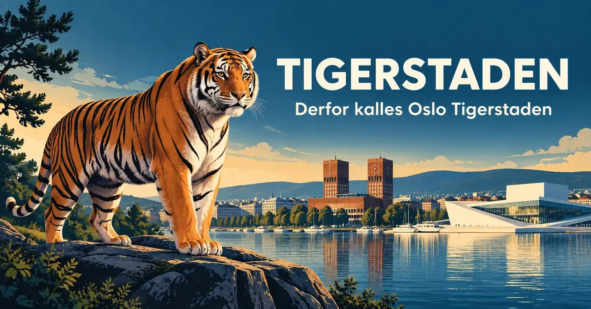 Illustrasjon av en tiger foran Oslo rådhus og Operahuset ved fjorden, med teksten «Tigerstaden – Derfor kalles Oslo Tigerstaden».